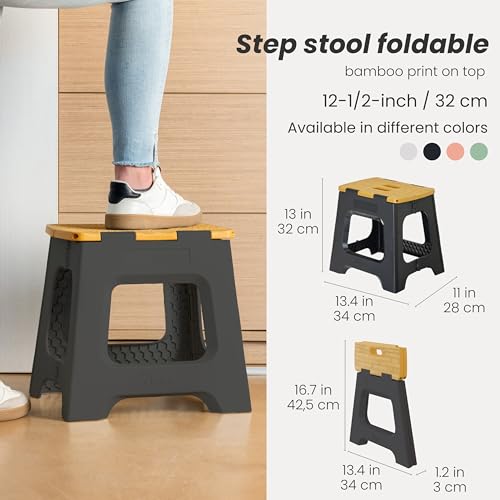 Image of Vigar Compact Folding Step Stool, 12-1 /2 in, Black Bamboo Print | 12-1 /2 in Foldable Stool, Lightweight Portable Design, Handle, Non Slip Surface, Space-Saving, Supports up to 330 lb
