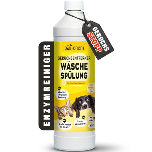 bio-chem Geruchsentferner Wäschespülung 1000 ml - Mikrobiologischer Wäsche Enzymreiniger mit Messbecher - Geruchsneutralisierer gegen Geruch von Urin Hund & Katzen für alle Textilien - Made in DE