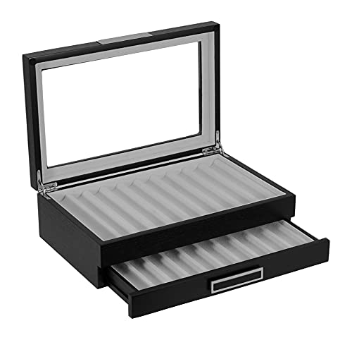 20 Piece Black Ebony Wood Pen Display Case Storage and Fountain Pen Collector Organizer Box with Glass Window Two Level Display Case with Drawer