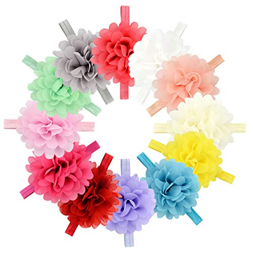 Baby Girls Big Headbands Chiffon Hair Bows Lace Band for Newborns Infants 16 or 12 PCS (584-12PCS)