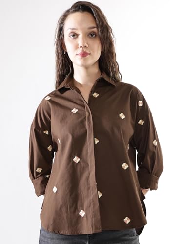 Image of High Star Women Embroidered Oversized Spread Collar Long Sleeves Cotton Shirts