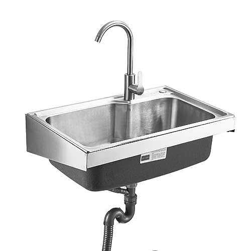 HOFMSX Fregadero de Acero Inoxidable de Pared para Uso Comercial con Grifo y desagüe, Ideal para Exteriores e Interiores, garajes, lavanderías, Cuartos de Servicio y talleres (38 x 32 cm/