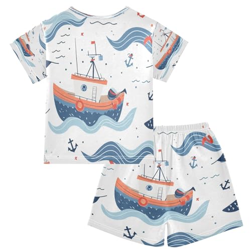 Ship Sea Wave Kids Pjs Set Boys Girls Summer Short-Sleeve Sleepwear Pajamas 2PCS2