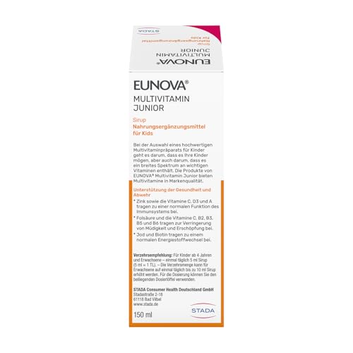 EUNOVA Junior - Multivitamin Sirup mit 12 Vitaminen und wichtigen Mineralstoffen - Nahrungsergänzungsmittel für Kinder ab 4 Jahren - 1 x 150 ml