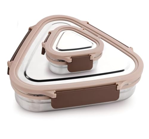 Image of Stainless Steel Triangle Lunch Box for Office School Use | Leakage Proof Safe Food Containers with Side Clip Locks for College,Travel,Picnic | Lunch Box for Kids Boys Girls (800ml+180ml)