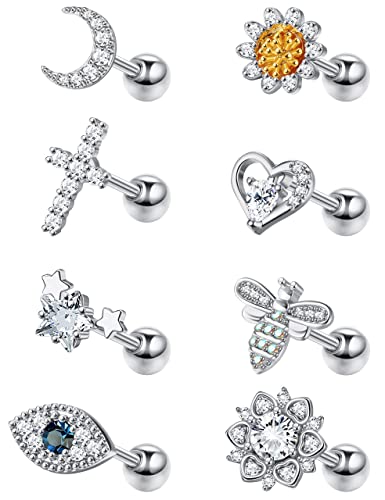 Morfetto Pendientes de cartílago para mujeres Hombres Acero inoxidable internamente roscado CZ Ball Back con luna en forma de corazón girasol Tragus Helix Piercing Joyería Plata Cover