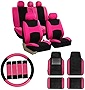 FH Group Car Seat Covers Combo Full Set with Carpet Floor mats Steering Wheel Cover and Seat Belt Pads- Universal Fit for Cars Trucks and SUVs (Pink)