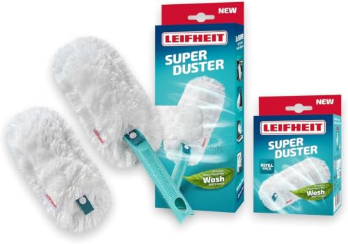 Leifheit SUPERDUSTER mit Ersatzbezug Staubwedel verlängerbar waschbar mit 360 Grad -Mikrofasertextil kompatibel mit Click-System waschen statt wegwerfen