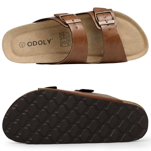 Image of ODOLY Unisex Comfortable Cork Footbed Slide Sandals with Arch Support | Adjustable Buckle, Lightweight Summer Sandals for Travel and Everyday Wear