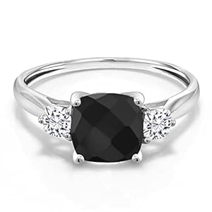 Gem Stone King 10K White Gold Black Onyx and White Moissanite 3 Stone Engagement Ring For Women (1.73 Cttw, Cushion Checkerboard 7MM, Gemstone December Birthstone, Available In Size 5, 6, 7, 8, 9)