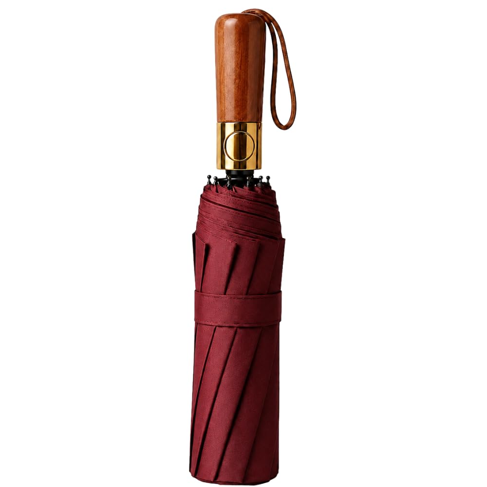 Ash & Roh Compact Folding Umbrella for Men & Women, Windproof Travel Umbrella with Wooden Handle, UV Protection & Foldable