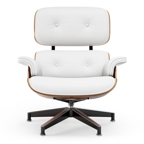 Image of Top White PU Leather, Mid Century Chaise Lounge Chair and Ottoman, Modern Chair Classic Design, Palisander Wood, Heavy Duty Base Support for Living Room Office
