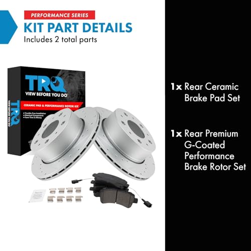 Image of TRQ Performance Rear Brake Pad and Rotor Set Ceramic Coated Drilled Slotted Vented Rotors Compatible with 2014-2021 Ram ProMaster 1500 2014-2021 ProMaster 2500 3500