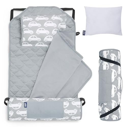Image of Wildkin Modern Kids Nap Mat with Pillow for Boys - Soft & Cozy Cotton Blend, Elastic Straps, Toddler Sleep Mat for Daycare, Preschool, Kindergarten & Travel, Ages 3-7, Machine Washable - Cars