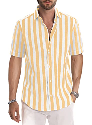 JMIERR Men's Summer Casual Stylish Short Sleeve Button-Down Shirts Cotton Linen Vertical Striped Business Dress Shirts Beach Shirt, XL, Yellow and White Stripe