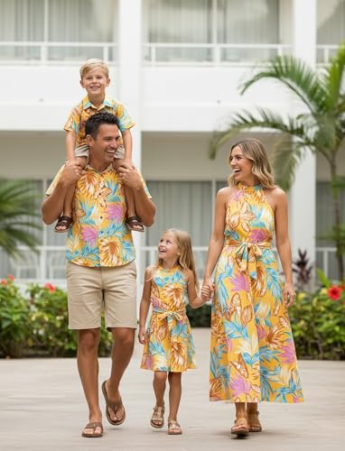 Image of PATPAT Family Hawaiian Matching Outfits - Mommy and Me Vacation Outfits | Halter Sundresses and Button Down Shirts,Caribbean Vacation Summer Tropical Outfits,Hawaiian Boho Tropical Floral Printed