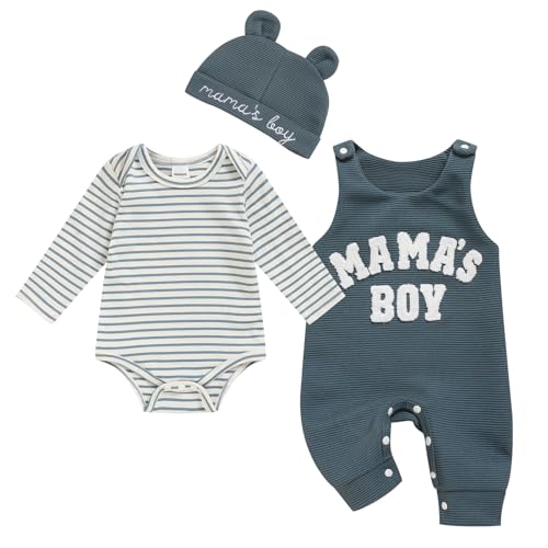 Viworld Newborn Baby Boy Clothes Mama's Boy Overalls Striped Long Sleeve Romper Hat 3Pcs Fall Winter Outfits