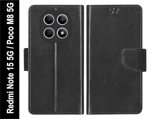 Image of SBMS Flip Cover for Redmi Note 15 5G Poco M8 5G Back Cover Case with Magnatic Closure | Genuine Leather Finish | Inbuilt Stand | Card & Money Pocket | Wallet Style Flip Back Case Cover (Black)