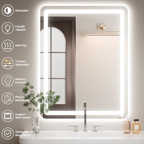 Image of 20 inchL x 28 inchW Led Bathroom Mirror with Lights, Anti-Fog & Tri-Color Lighting - Wall Mounted Shaving Mirror with Touch Sensor, Waterproof & Smart LED Vanity Mirror,Tempered Glass, Dimmable Smart Mirror