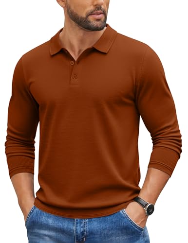 Image of COOFANDY Mens Knit Sweater Polo Classic Ribbed Polo Sweater Button Up Pullover Sweaters Tee Winter,Caramel, XX-Large