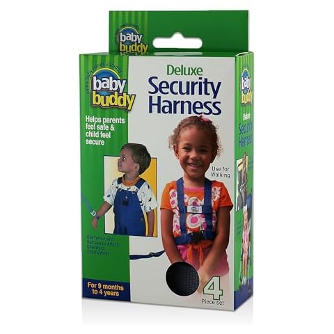 Baby Buddy Deluxe Safety Harness, with Adjustable Tether and Chair Restraint Straps, for Ages 9 Months to 4 Years, Black, 4 Piece Set Cover