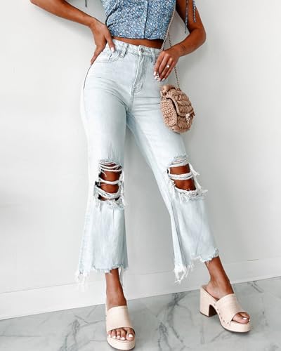 Women's High Rise Cropped Flare Jeans 90's Vintage Distress Denim Pants Fashion Button Straight Trousers2
