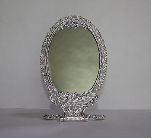 Sehamano Vintage Antique Foldable Embossed Roses & Small Hearts Pattern Makeup Table Mirror, Decorative Oval Shaped Mirror, Antique Vanity Cosmetic Double Sided Metal Frame Mirror (Shiny Silver) #TOP8