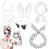 9 Stück Rockabilly Accessoires Damen für Karneval Party, 50er Jahre Accessoires Damen, Vintage Kostüm Zubehör mit Chiffon Schal, Handschuhen, Sonnenbrille, Polka Dot Stirnband, Perlenschmuck(Weiß)