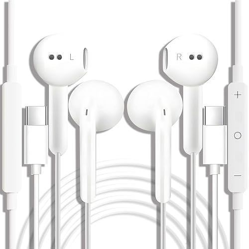 USB C Headphones 2 Pcs USBC Headphones Wired Earphones Type C In Ear Earbuds With Mic & Volume Control for iPhone 15/16 Plus iPad Samsung Galaxy S25 S24 S23 S22 S21 FE iPad Pro Huawei Google Pixel