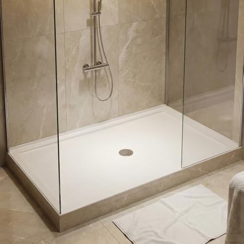 Shower Base 60 x 36 CUPC Certified Acrylic Fiberglass Pan with Slip Resistant Texture Center Drain & Removable Stainless Cover for Easy Cleaning White