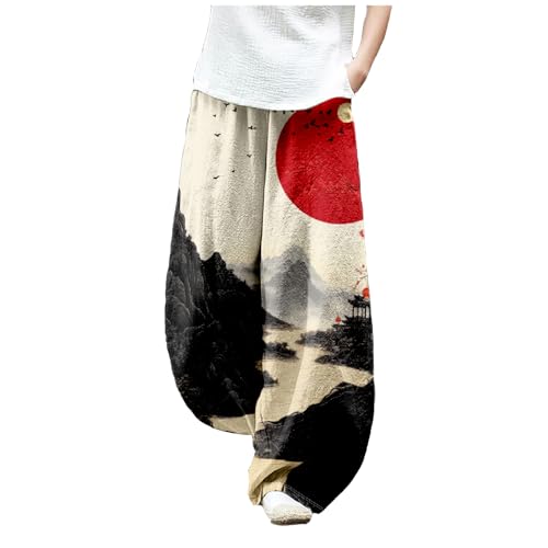 MARSVOVO Baggy Sweatpants for Women Harem Wide Leg Pants Woman Landscape Oil Painting Print Casual Pants with Pockets