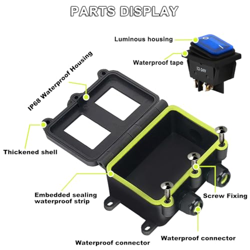 MKBKLLJY IP68 Waterproof Inline Cord Switch DPST DC 12V 20A 4 Pin 2 Position Toggle Switch Outdoor Waterproof Box Two Side Entry And Exit Line ON/OFF With Screw Feet KCD4 Screws Heat Shrink Tubing - Image 4