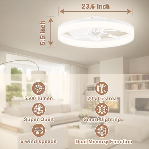 Image of VOLISUN Low Profile Bladeless Ceiling Fans with Dimmable LED Light, 23.6in Flush Mount for Bedroom (White)