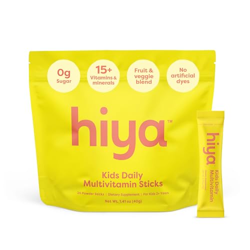 Hiya Kids Multivitamin – 15+ Essential Vitamins & Minerals with Fruits & Veggies for Ages 2+, Supports Growth, Development & Immune, 0g Sugar – 20 Stick Packs for Toddlers & Kids