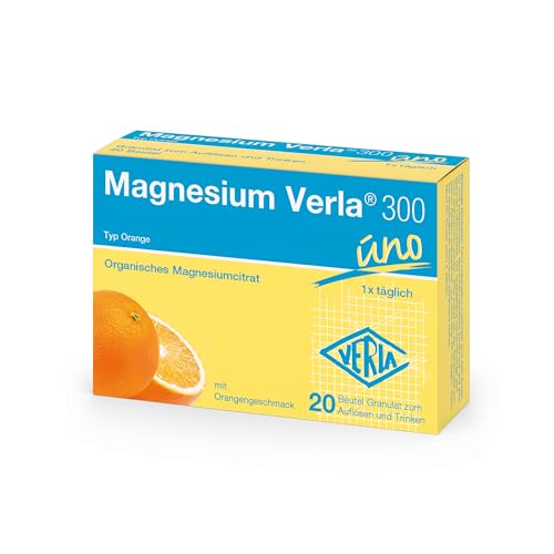 Magnesium Verla 300 Orange 300 mg hochdosiertes Magnesium in Form von Magnesiumcitrat bei erhöhtem Magnesiumbedarf als Trinkgranulat mit fruchtigem Orangengeschmack gluten- & laktosefrei 20 St