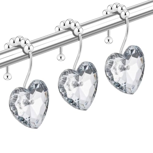 Diamond Shower Curtain Hooks 12-Pack Heart Shaped Crystal Shower Rings Decorative Bathroom Hangers for Valentines Day Bling Clear Fancy