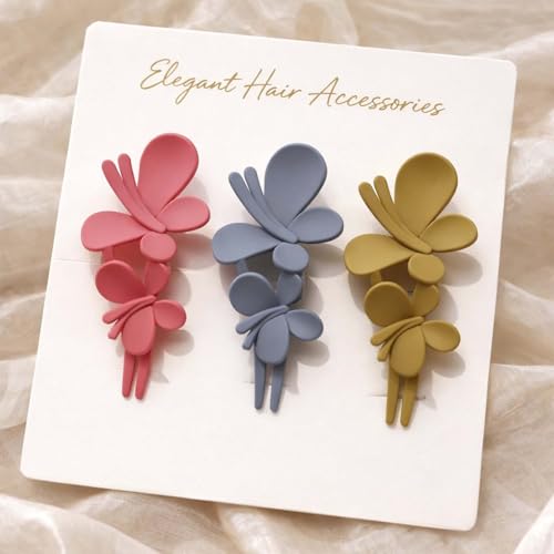 Image of Alvero 3-Piece Korean Matte Hair Claw Clip Set for Women & Girls, Strong Hold Stylish Hair Clips, Lightweight Non-Slip Hair Accessories for Party & Occassional Wear (Pack of 3 Pc) (Love Flutter Butterfly)