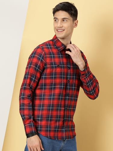 Image of Thomas Scott Men's | Checks | Full Sleeve | Slim Fit | Cotton Polyester Blend | Double Pocket | Spread Collar | Casual Shirt