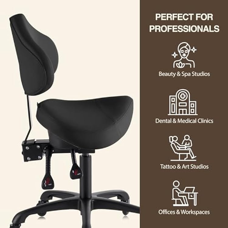 Pneumatic Swivel Rolling Saddle Chair with Wheels and Ergonomic Back Support for Hair Stylist, Dental Hygienist, Hygienic Clinic, Spa, Massage, Home, Office - 510 KOA