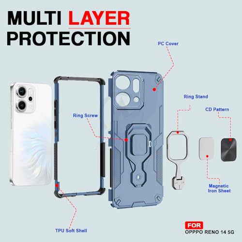Image of AESTMO Armor Back Cover for Oppo Reno 14 5G | Ring Holder & Kickstand & Camera Protection in-Built | 360 Degree Protection Back Case Cover (Blue)