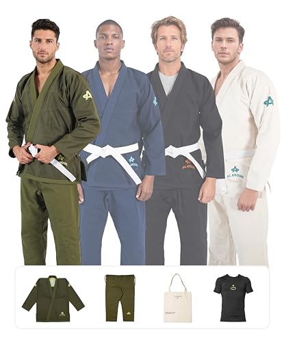 All Around Conjunto de Gi Jiu Jitsu brasileño 100% algodón para hombre, kimono BJJ Gi, pantalones Ripstop, camiseta de protección y bolsa de mano, 450 g/m², Verde -Oliva, A0