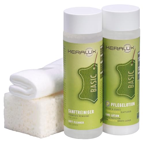KERALUX 4-teiliges Pflegeset P für pigmentierte Glattleder, 200 ml Reiniger, 200 ml Pflege, Schwamm, Tuch. Mit Imprägnierung und Lichtschutz