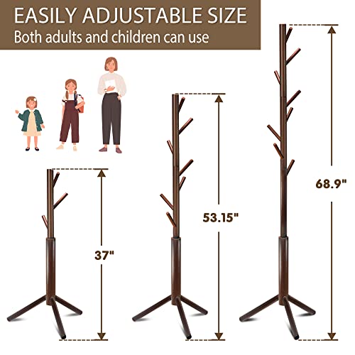 Azaeahom Coat Rack Freestanding With 8 Hooks 3 Adjustable Height Coat Racks Stand Clothing Hanger Stand Wooden Coat Tree Easy Assembly For Entryway, Bedroom, Hallway, Dormitory,Office Cherry #TOP4