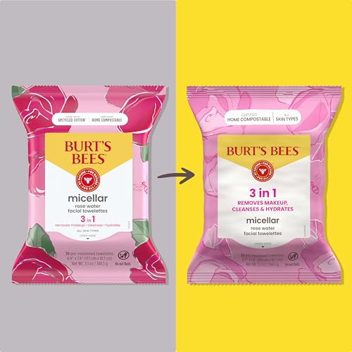 Burt’s Bees Micellar Rose Water Facial Towelettes, 100% Plant Based Cloth; 99% Natural Origin; Remove Makeup, Cleanse, Hydrate; No Greasy, Oily Residue; All Skin Types (Pack May Vary)