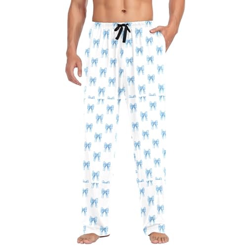 Men's Watercolor Blue Bows Pajama Pants with Pockets - Straight Fit Cotton Sleep Bottoms for Lounge & Nightwear#499 - Main Image