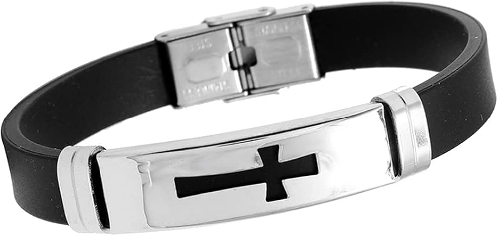 NA Zqxqy - Pulseras de cruz de silicona y acero inoxidable, pulseras de cruz de goma, pulsera con forma de cruz para hombre, regalo de cumpleaños, Navidad, San Valentín