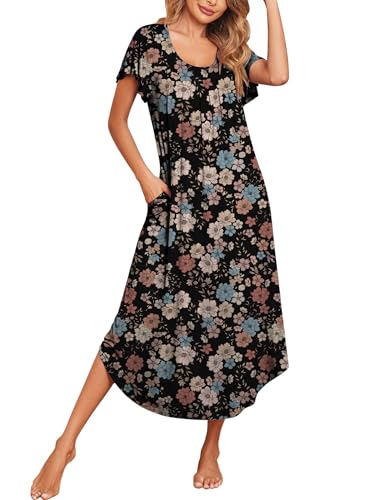 Image of Ekouaer Long Nightgowns for Women with Pockets Short Sleeves Moo Moos for Women Casual Maxi Dress House Dresses S-XXXL