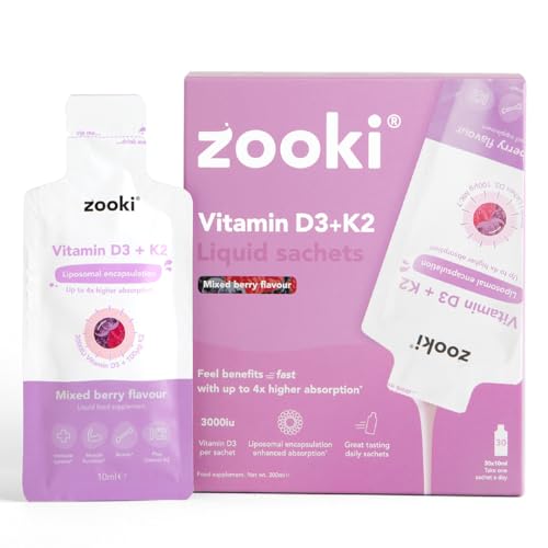 Zooki Liposomal Vitamin D3 + K2 3000IU Liquid Sachets, High Strength Vitamin D Supplements, Immune, Bone & Muscle Support, Vegan D3 and K2 Vitamin (Mixed Berry Flavour, 30 Servings)