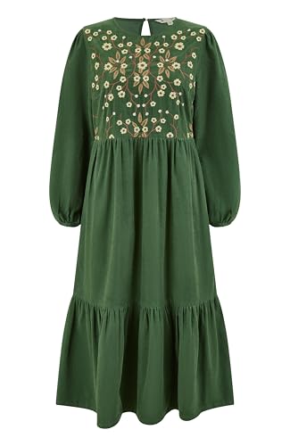 Image of Yumi Green Cotton Midi Dress, Long Sleeve, Floral Embroidered Bodice, Tiered Hemline, 120cm Length (UK, Numeric, 14, Regular, Regular, Green)