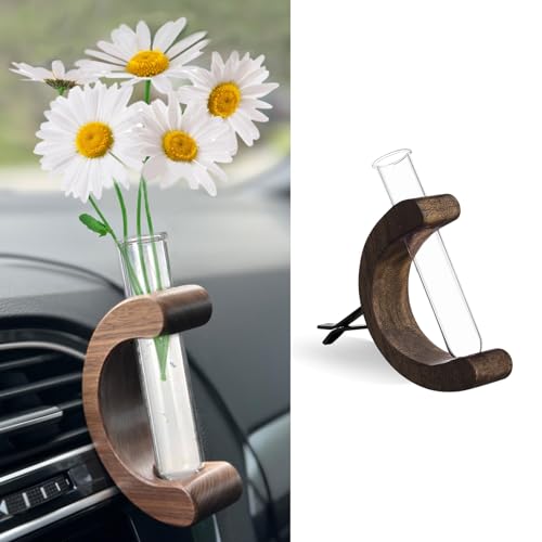 Image of Little Glass Flower Vase Air Vent Clip, Car Flower Vent Clip, Cars Vase Vent Clip Plant Holder, Universal Auto Interior Wooden Ornament Decoration Accessories for Women (Black Walnut)